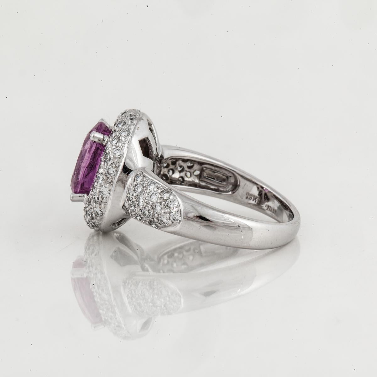 Mixed Cut 3.03 Ct. Oval Pink Sapphire and Diamond Ring in 18K White Gold For Sale