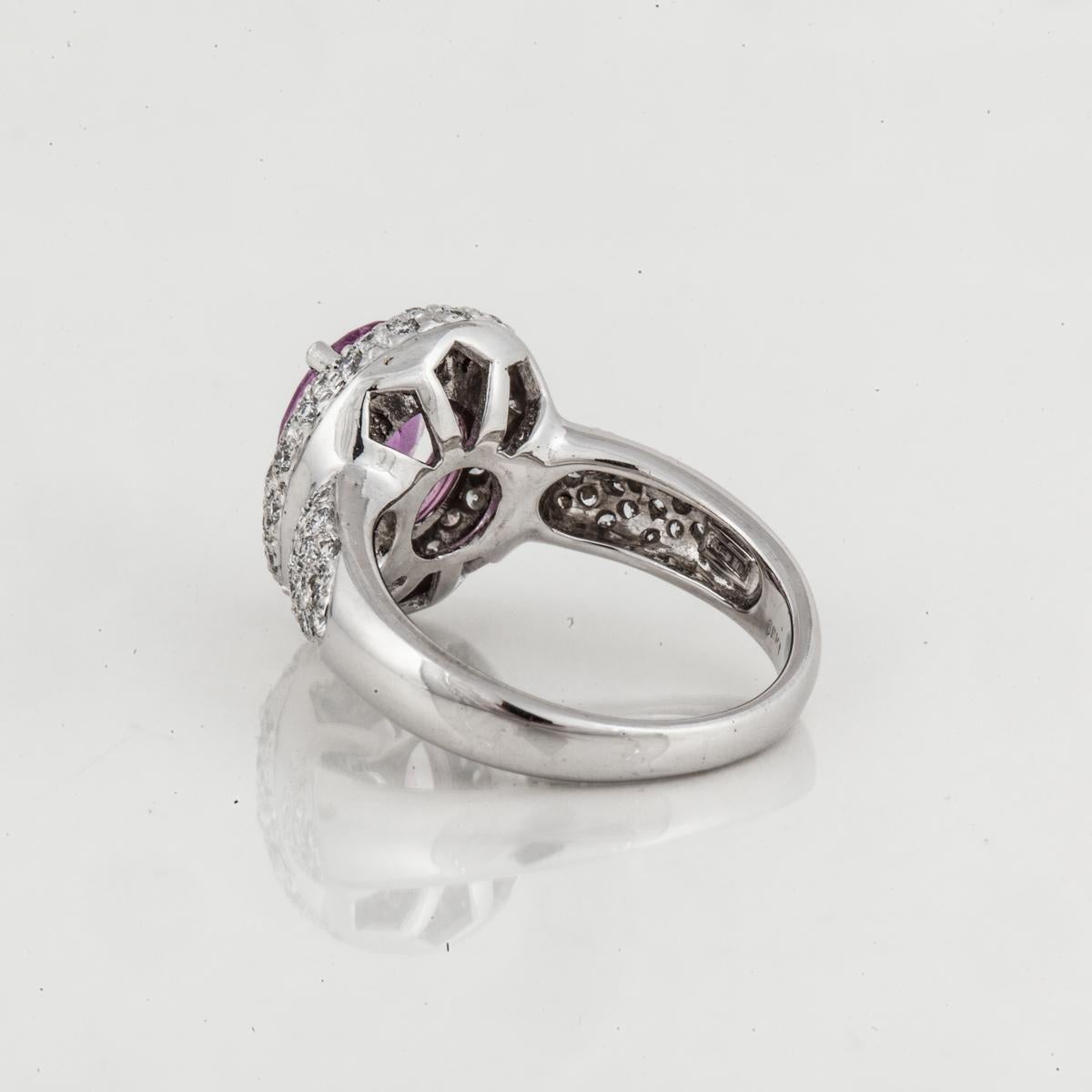 3.03 Ct. Oval Pink Sapphire and Diamond Ring in 18K White Gold In Good Condition For Sale In Houston, TX