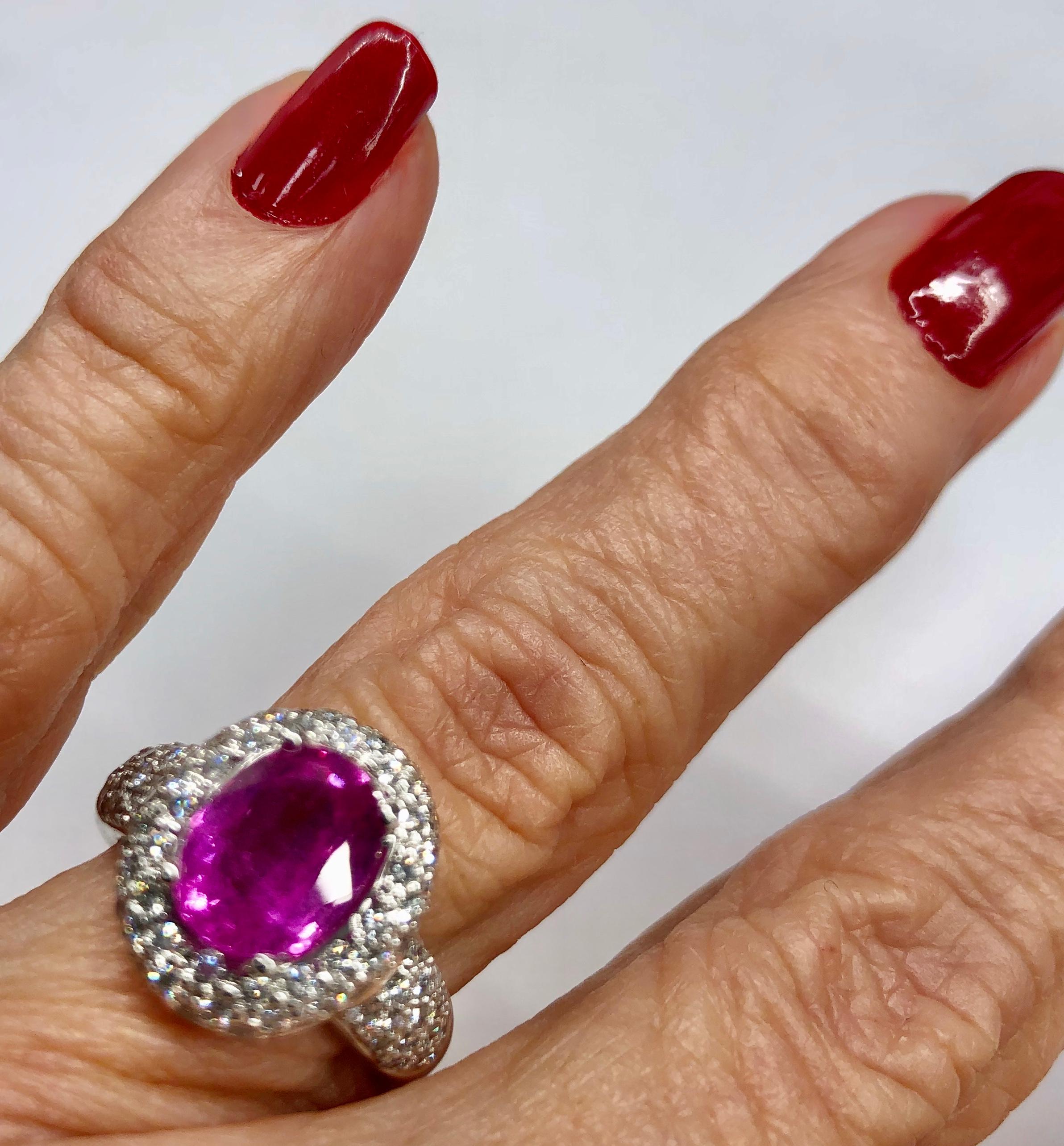 3.03 Ct. Oval Pink Sapphire and Diamond Ring in 18K White Gold For Sale 1
