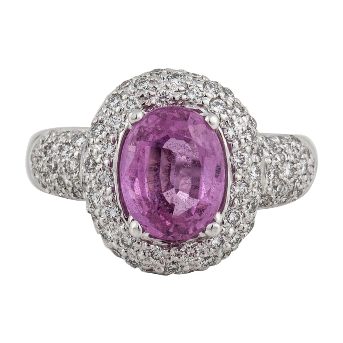 3.03 Ct. Oval Pink Sapphire and Diamond Ring in 18K White Gold