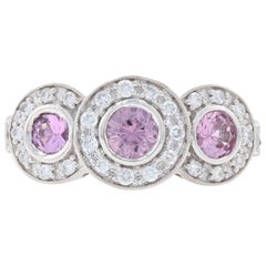 White Gold Pink Sapphire & Diamond Three-Stone Halo Ring, 14k Round Cut 1.34ctw