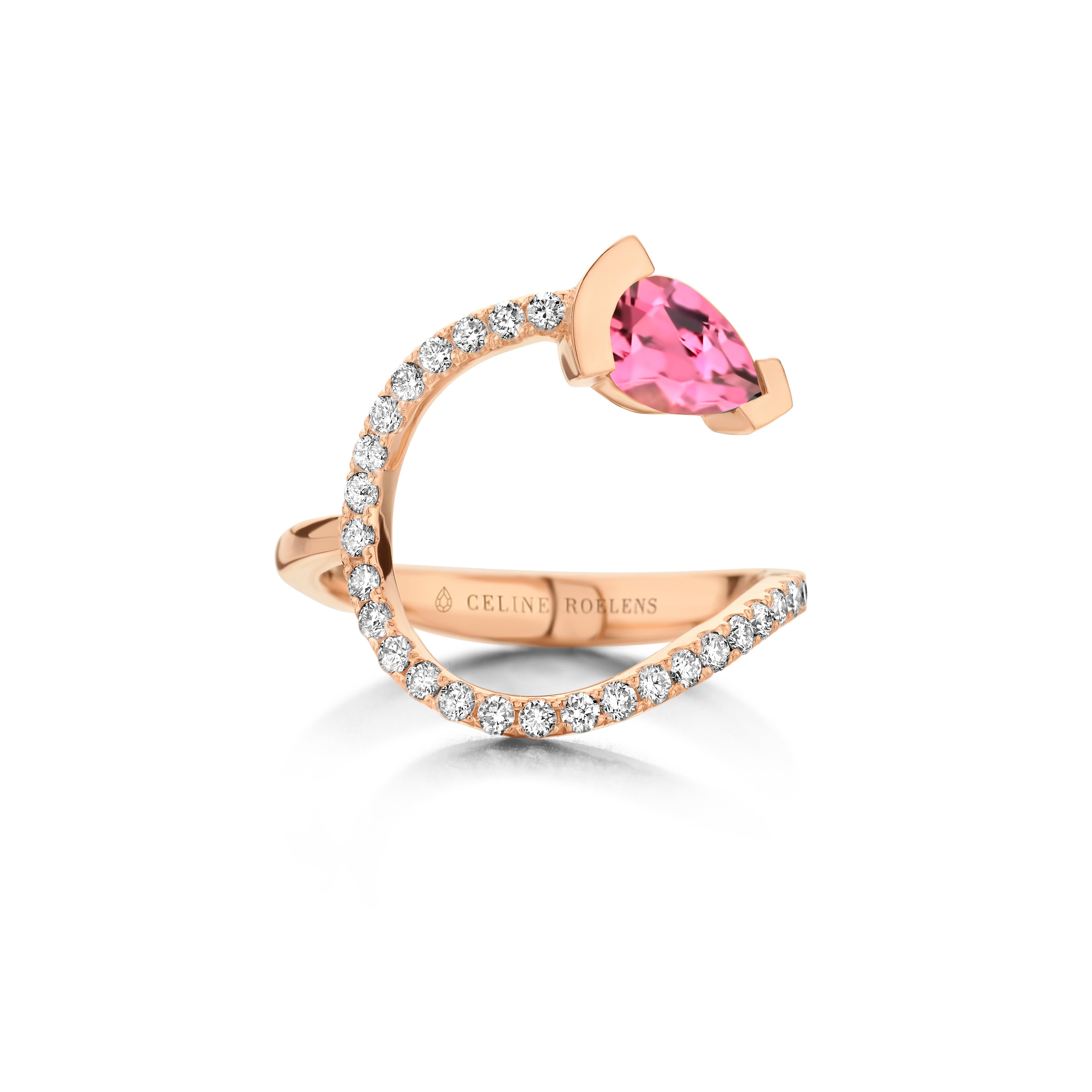 ADELINE curved ring in 18Kt white gold set with a pear shaped Pink tourmaline and 0,33 Ct of white brilliant cut diamonds - VS F quality.