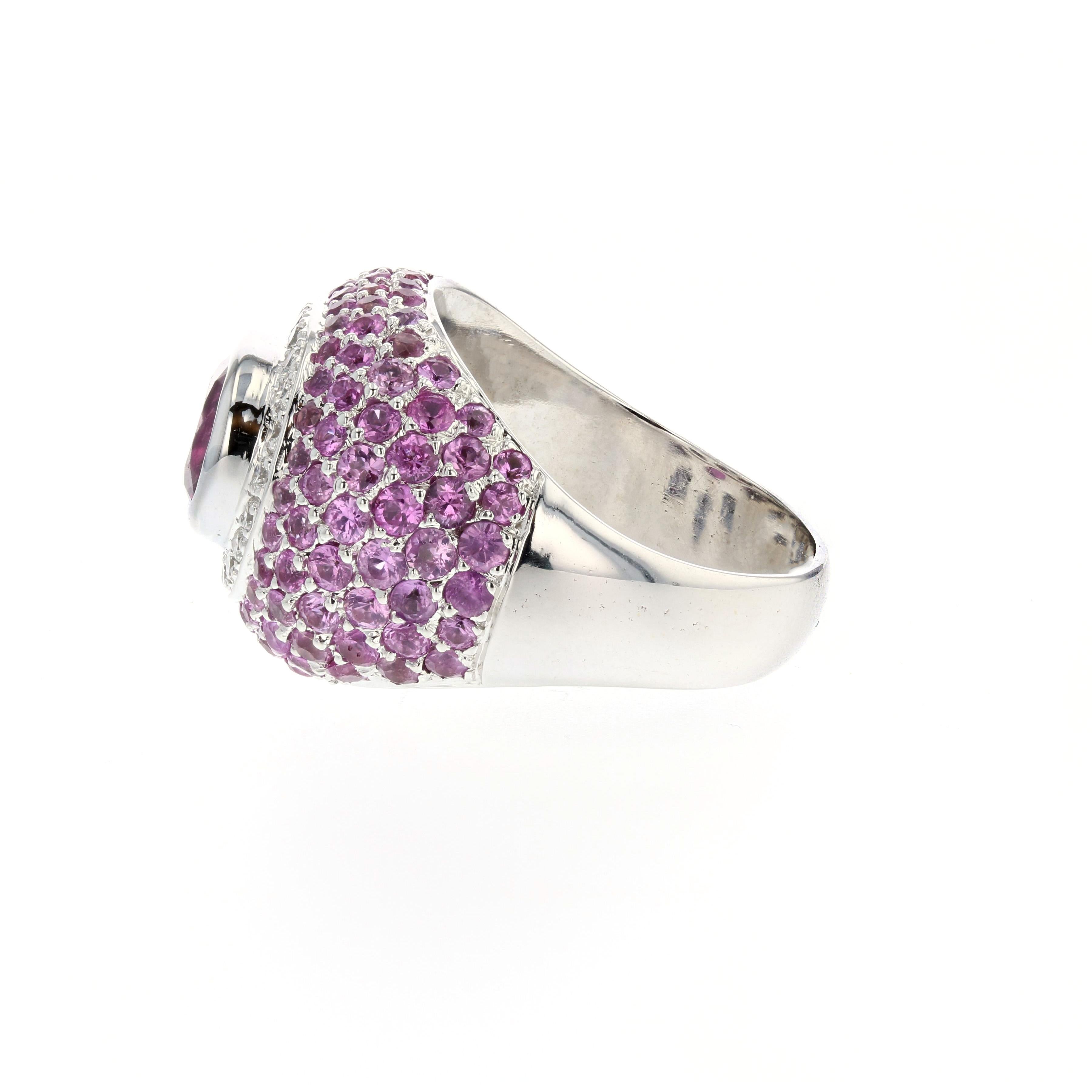 Cabochon Pink Tourmaline Ring with Diamonds in 18K White Gold For Sale