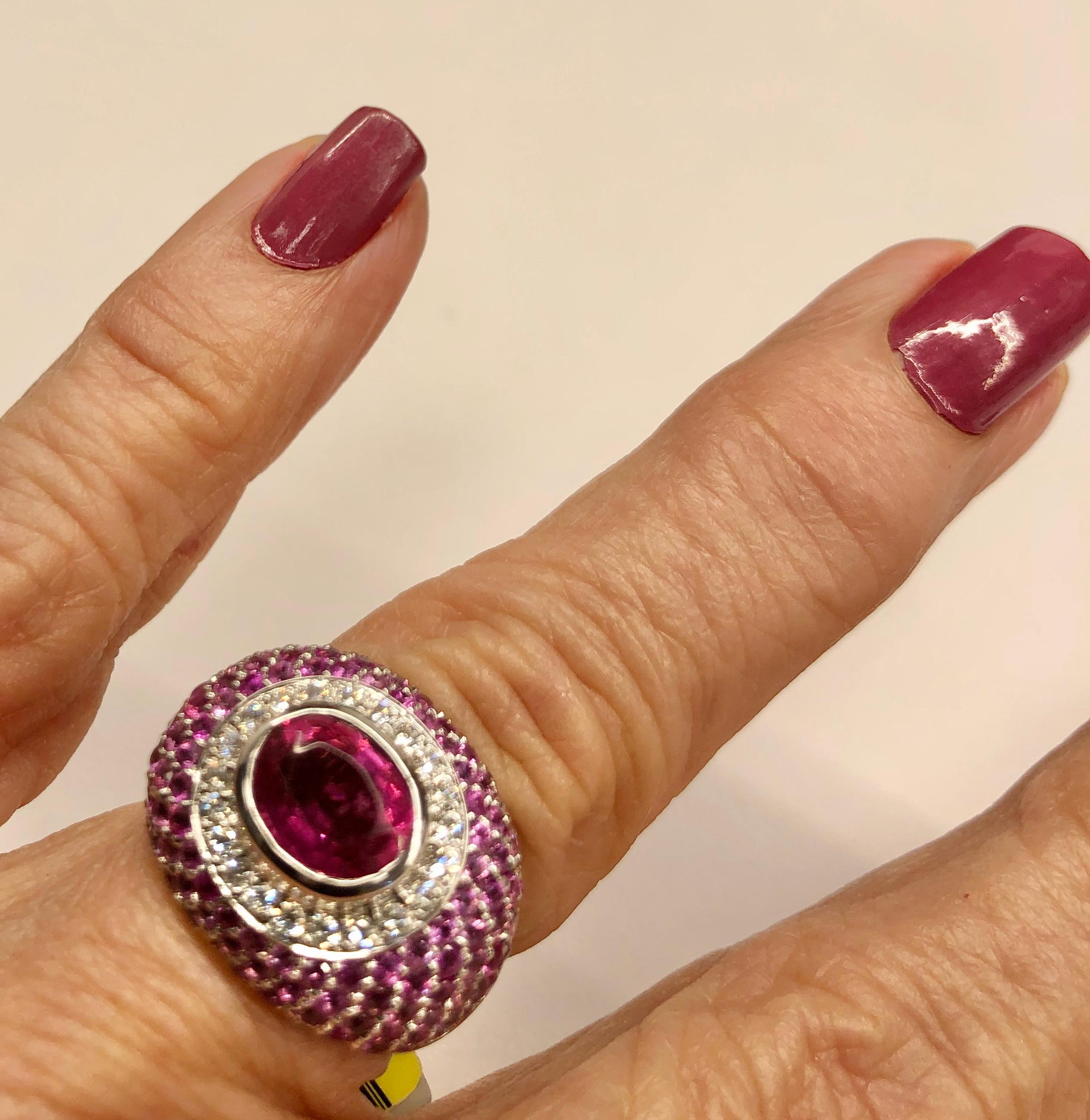 Women's Pink Tourmaline Ring with Diamonds in 18K White Gold For Sale