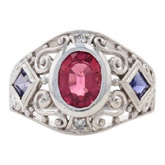 White Gold Pink Tourmaline, Tanzanite, & Diamond Ring, 14k Oval 2.54ctw Milgrain