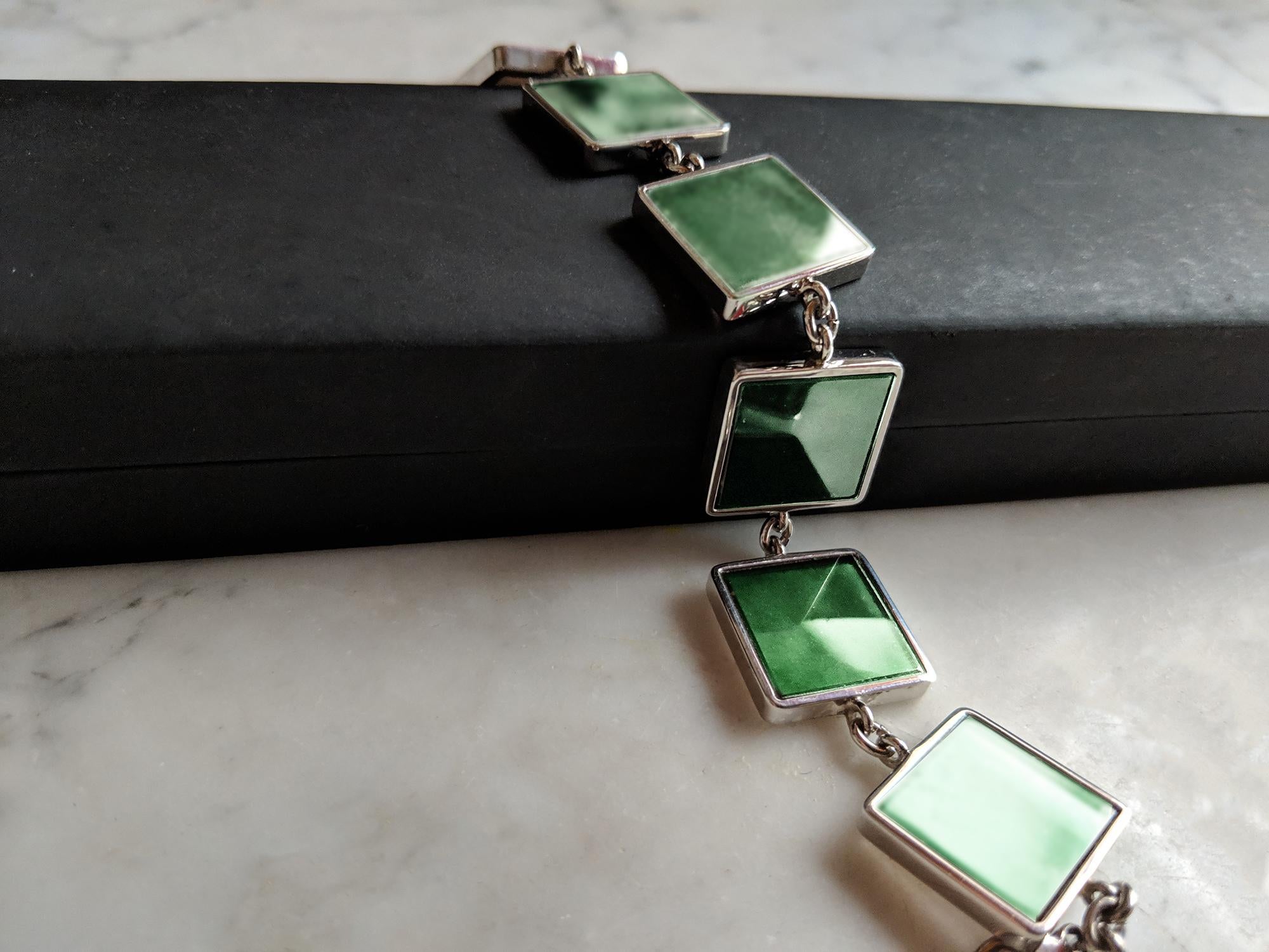 Women's or Men's Sterling Silver Art Deco Style Bracelet with Dark Green Quartzes For Sale