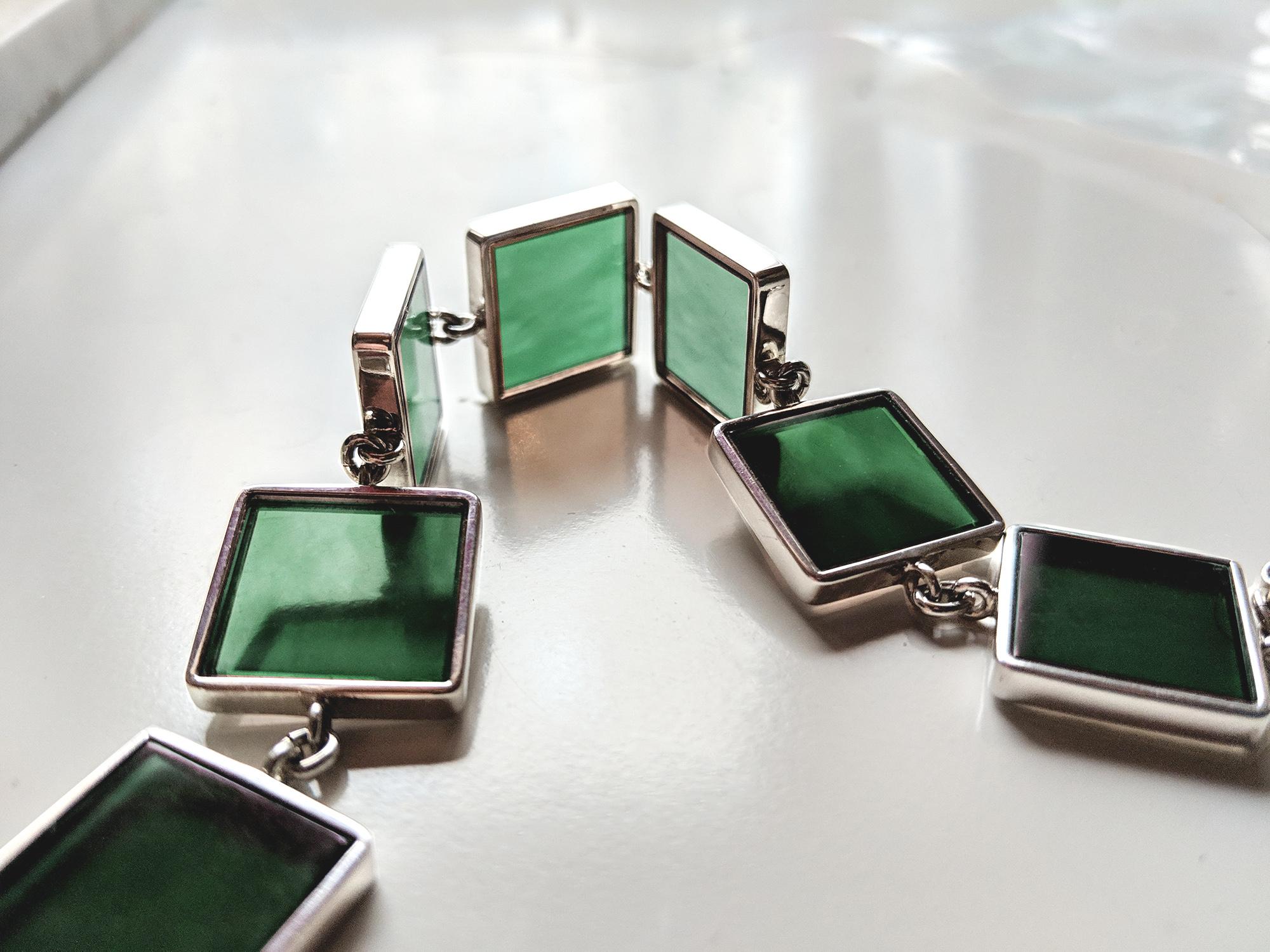 Sterling Silver Art Deco Style Bracelet with Dark Green Quartzes For Sale 3