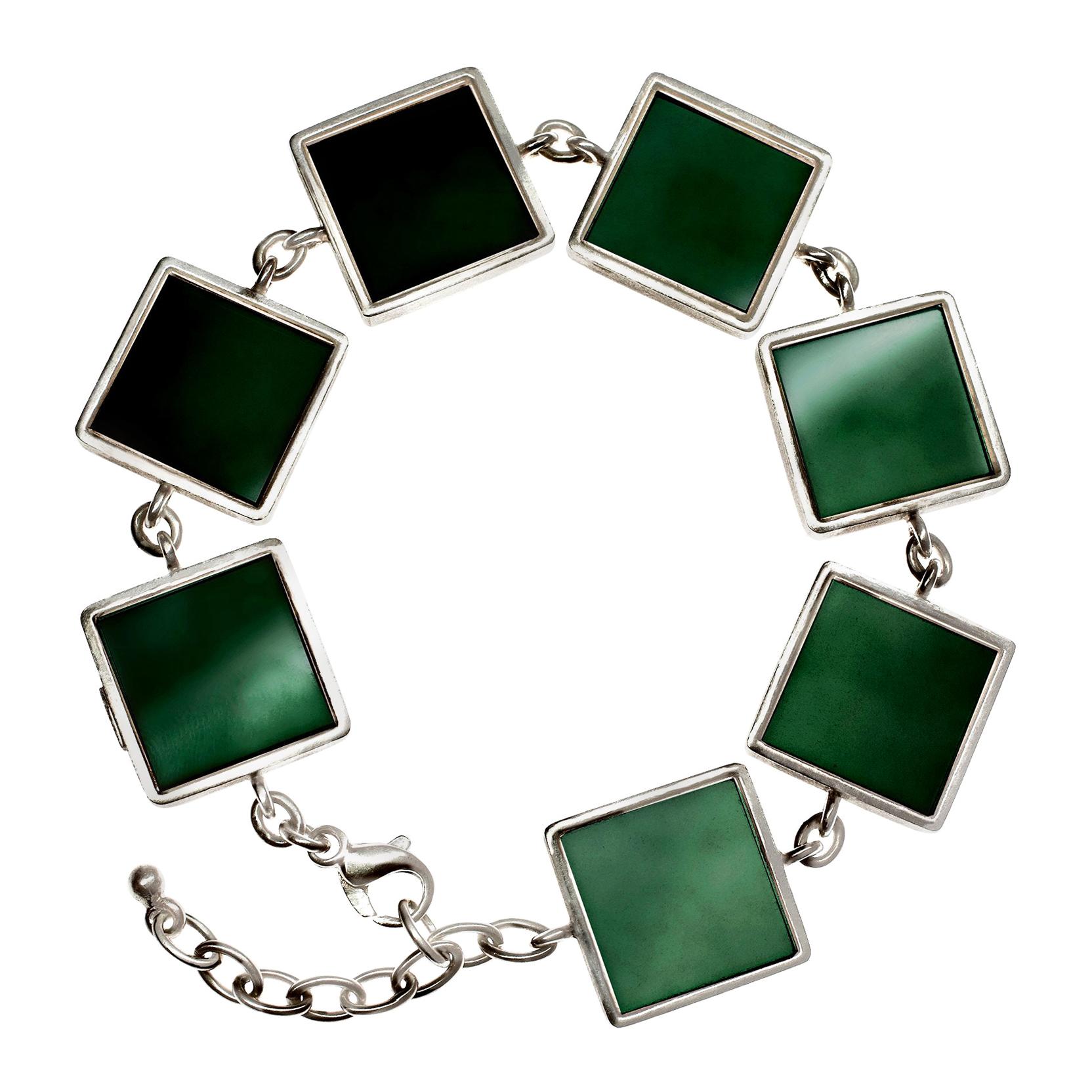 Sterling Silver Art Deco Style Bracelet with Dark Green Quartzes