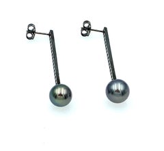 White Gold Plated in Black Rhodium Ruby Bar and Black South Sea Pearl Earrings