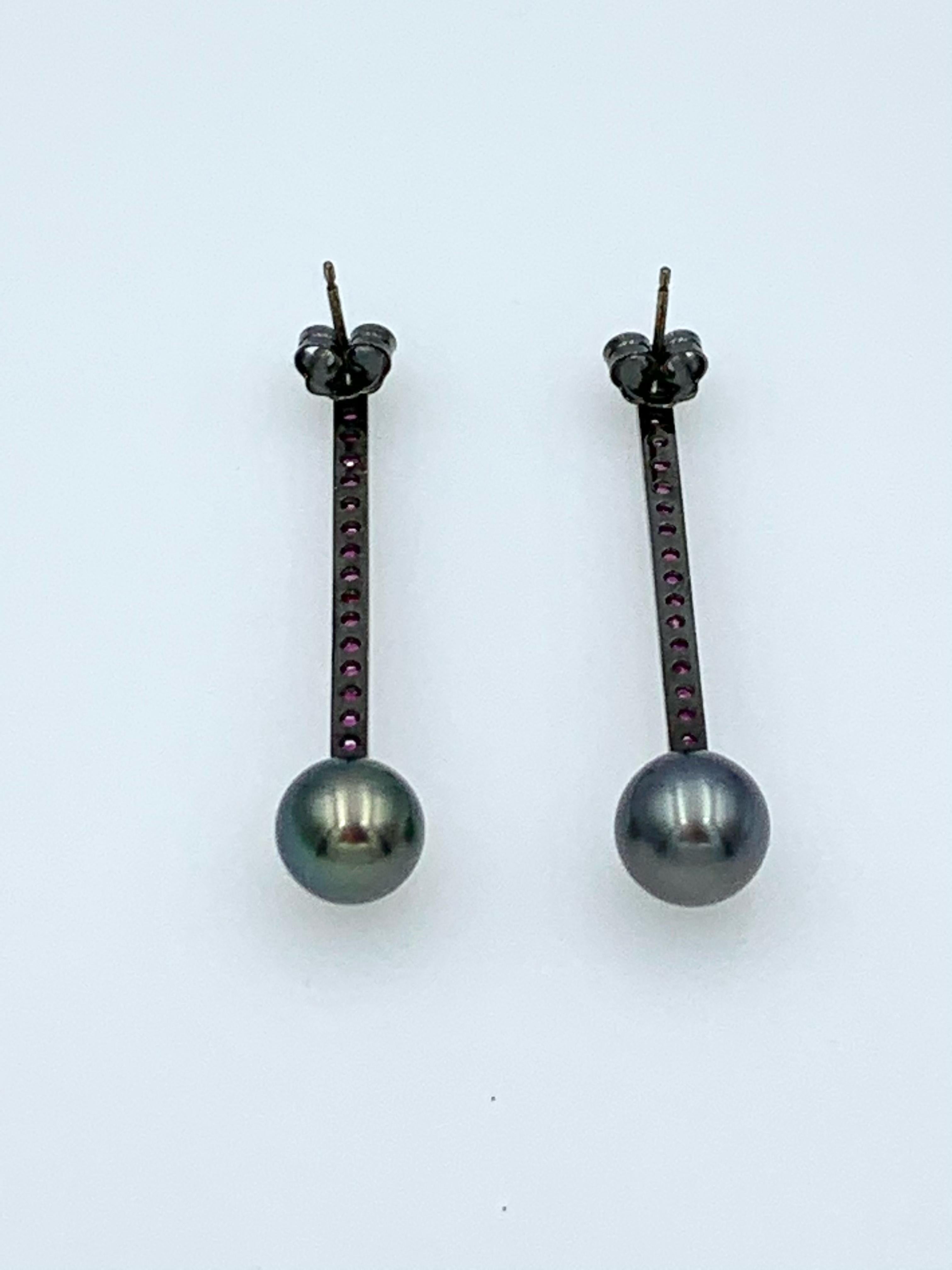 Contemporary White Gold Plated in Black Rhodium Ruby Bar and Black South Sea Pearl Earrings For Sale