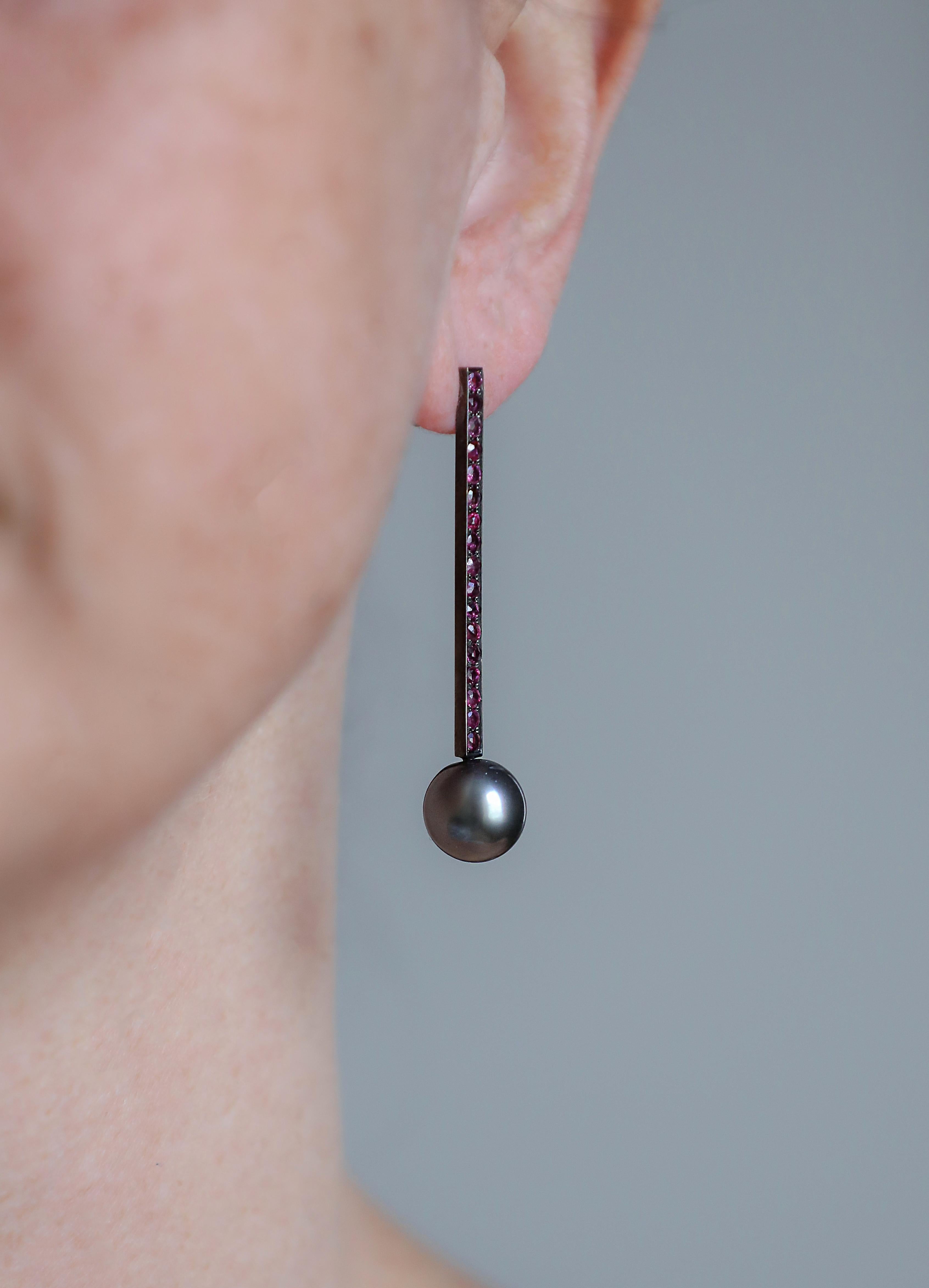 Round Cut White Gold Plated in Black Rhodium Ruby Bar and Black South Sea Pearl Earrings For Sale