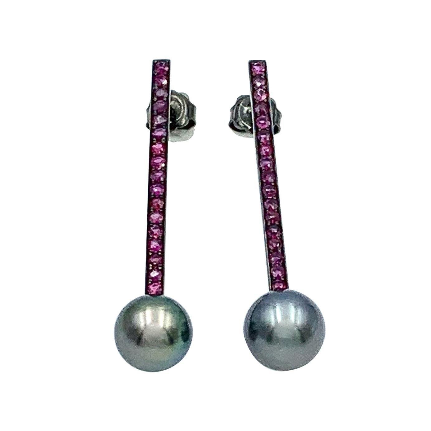 White Gold Plated in Black Rhodium Ruby Bar and Black South Sea Pearl Earrings For Sale
