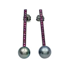 White Gold Plated in Black Rhodium Ruby Bar and Black South Sea Pearl Earrings