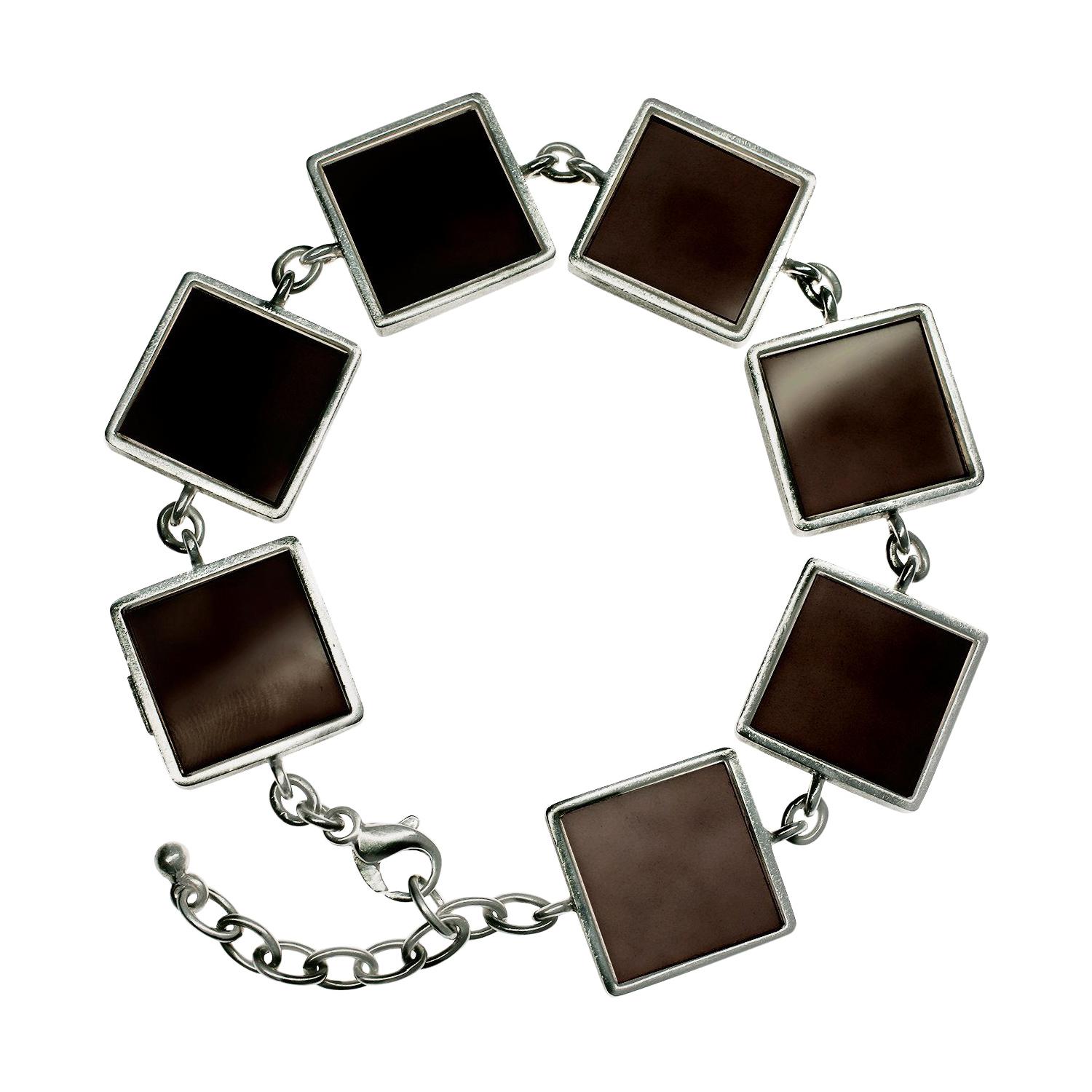 Sterling Silver Art Deco Style Ayurveda Link Bracelet with Smoky Quartzes