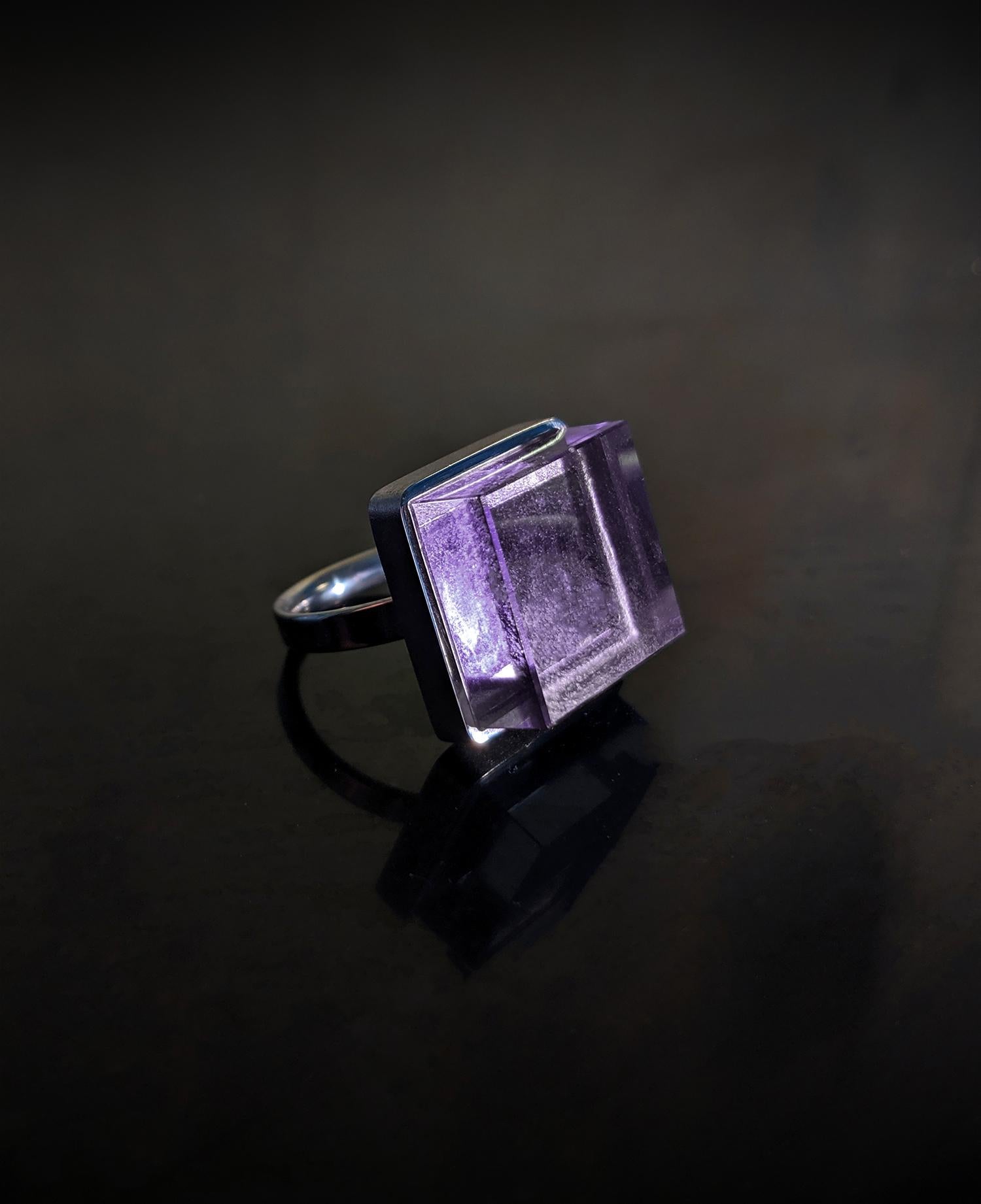 Men's Sterling Silver Art Deco Style Ring with Natural Amethyst For Sale