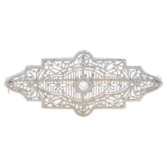 White Gold & Platinum Diamond Art Deco Brooch - 14k Euro .13ct Vintage Bar Pin For Sale