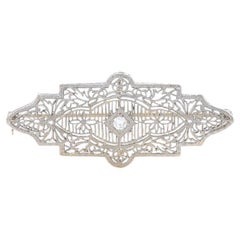 White Gold & Platinum Diamond Art Deco Brooch - 14k Euro .13ct Antique Bar Pin
