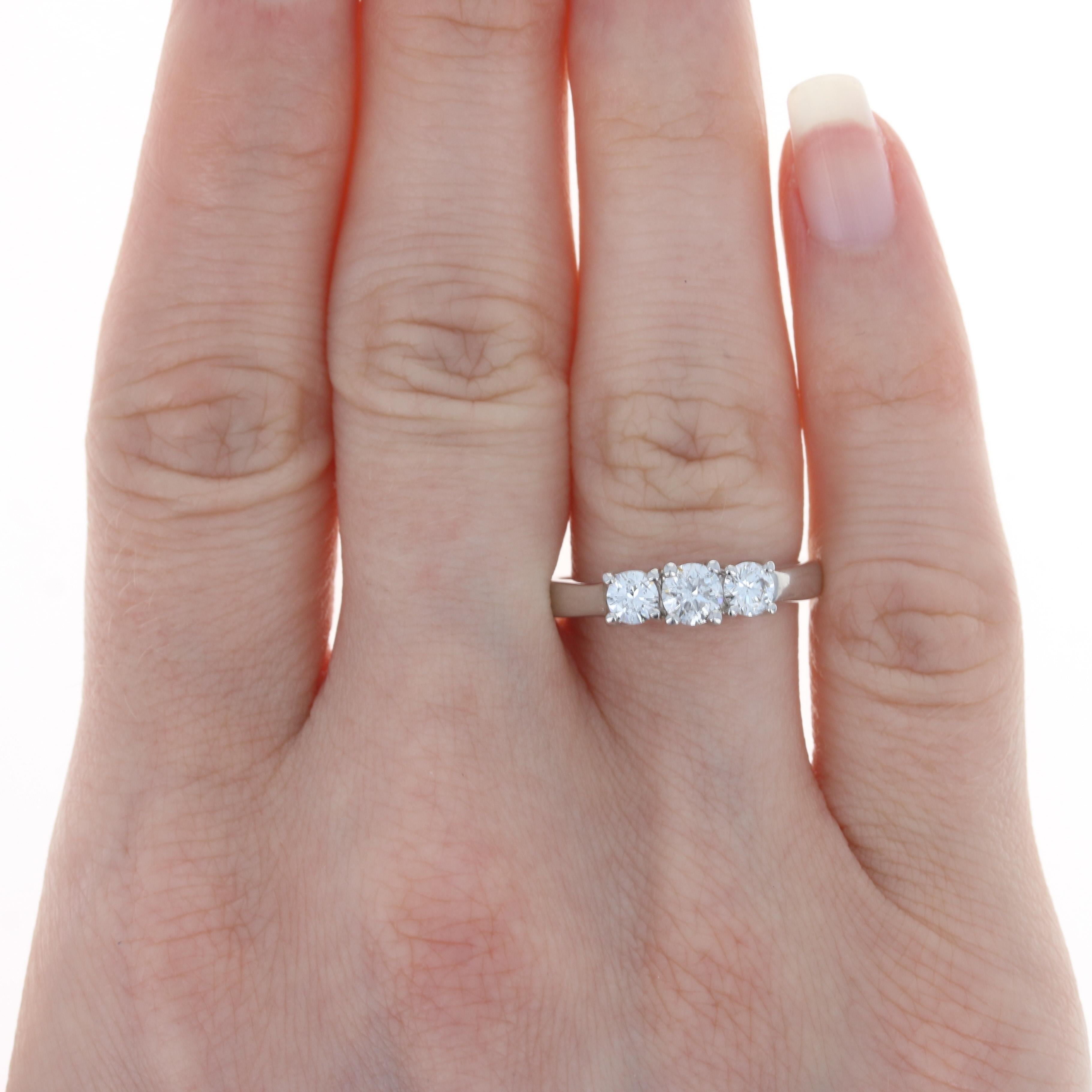 For Sale:  White Gold & Platinum Diamond Three-Stone Engagement Ring 18k Round .76ctw GSL 2