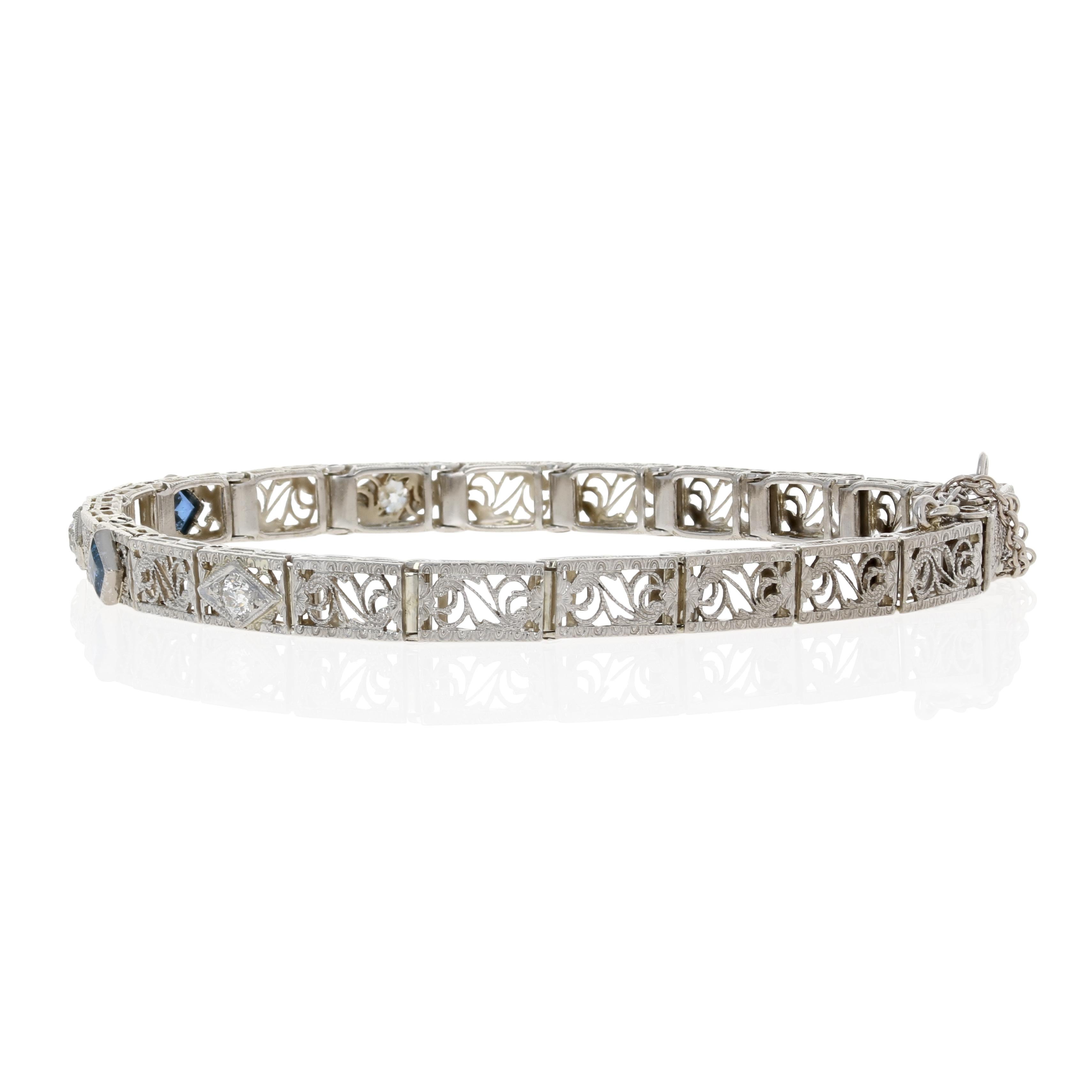 Square Cut White Gold & Platinum Synthetic Sapphire & Diamond Art Deco Bracelet 14k