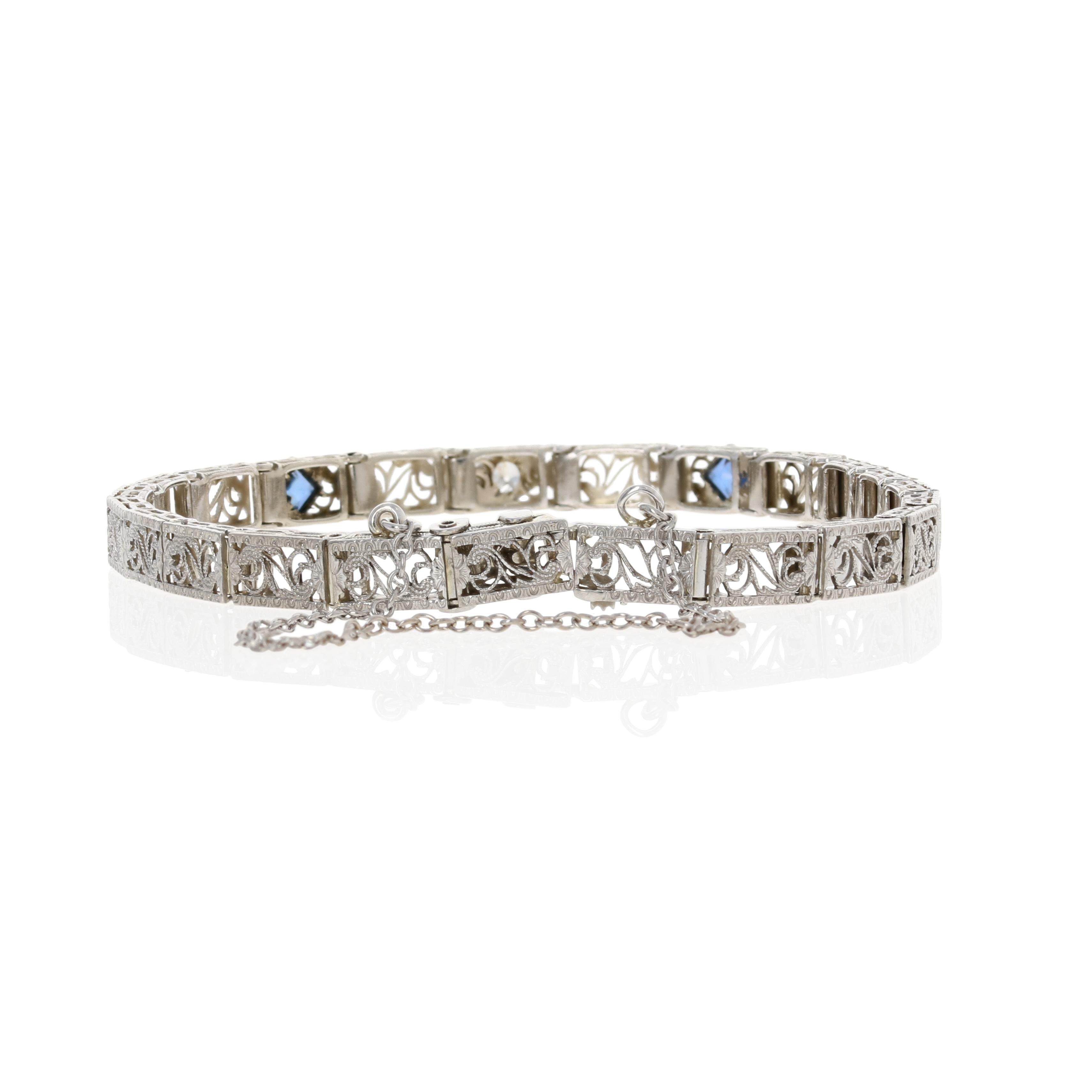 White Gold & Platinum Synthetic Sapphire & Diamond Art Deco Bracelet 14k In Excellent Condition In Greensboro, NC