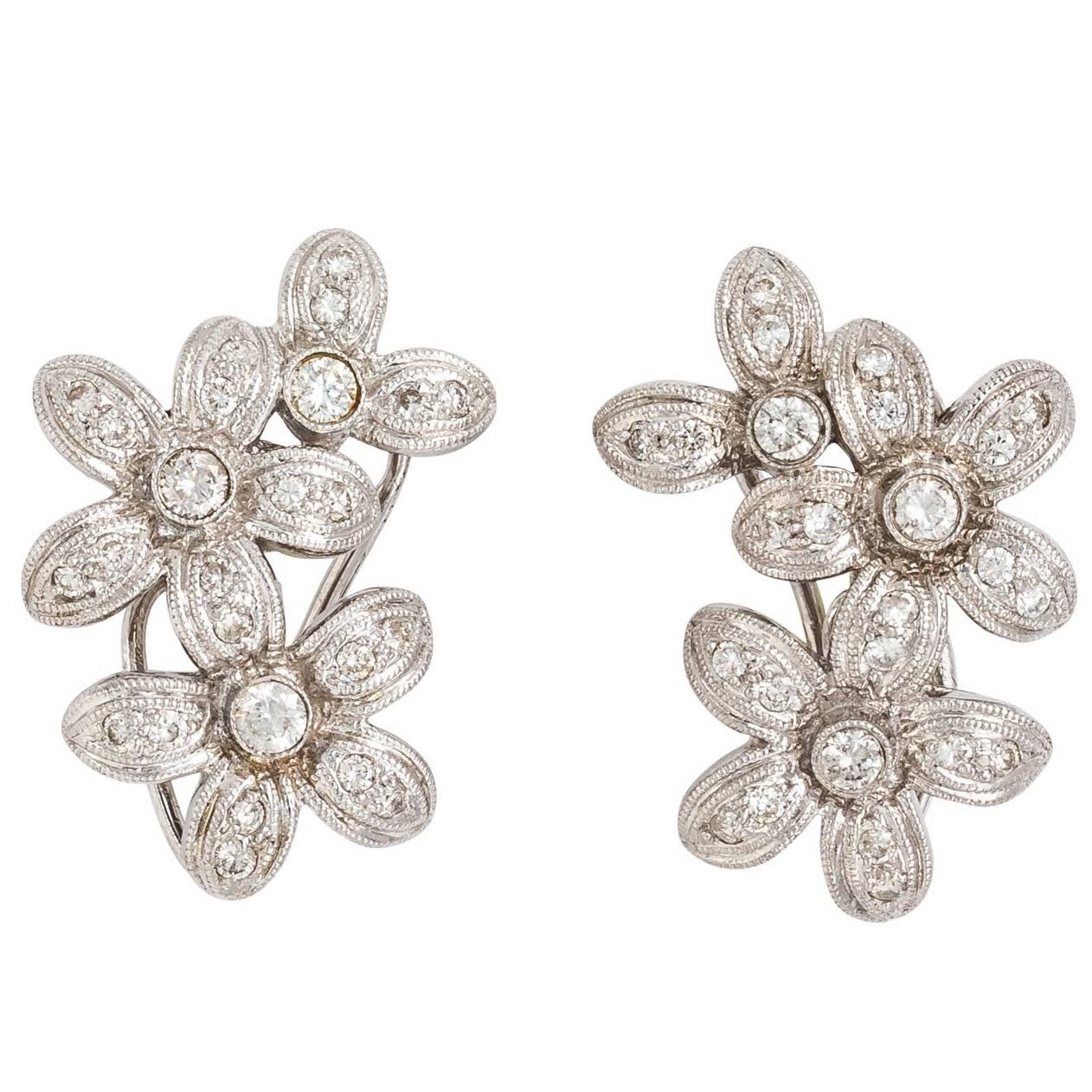 White Gold Plumeria Flower Bouquet Diamond Cluster Earrings