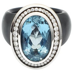 White Gold-Polyacetal Black Ring with 5.26 Carat Aquamarine and Diamonds