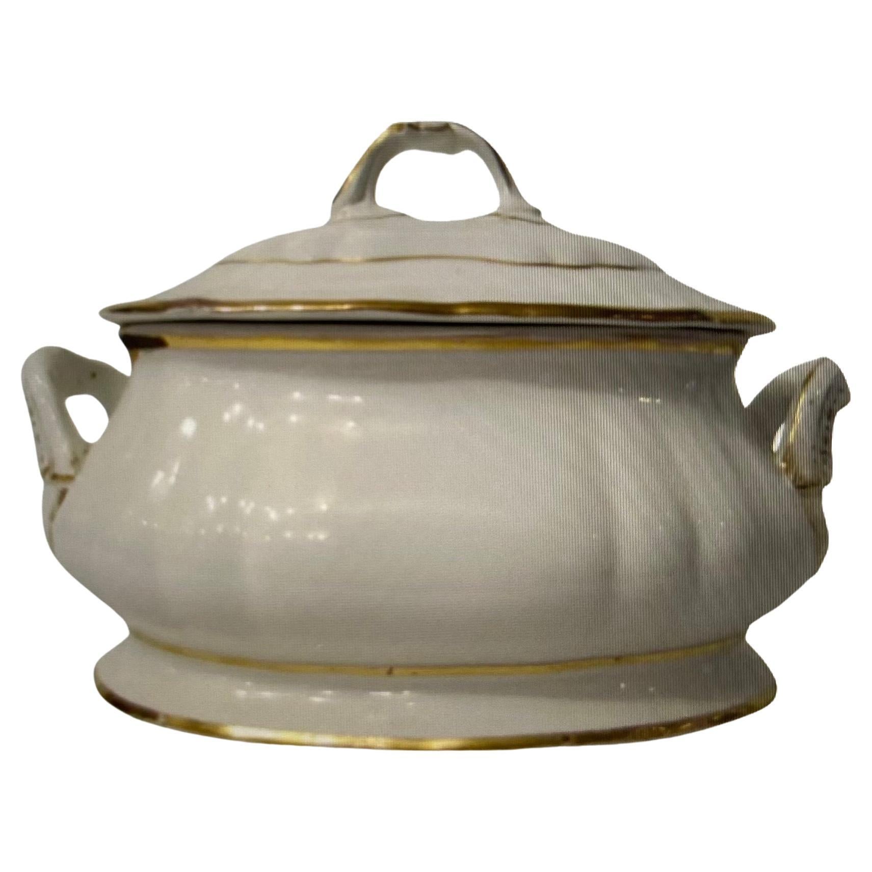 White & Gold Porcelain Soup Tureen For Sale