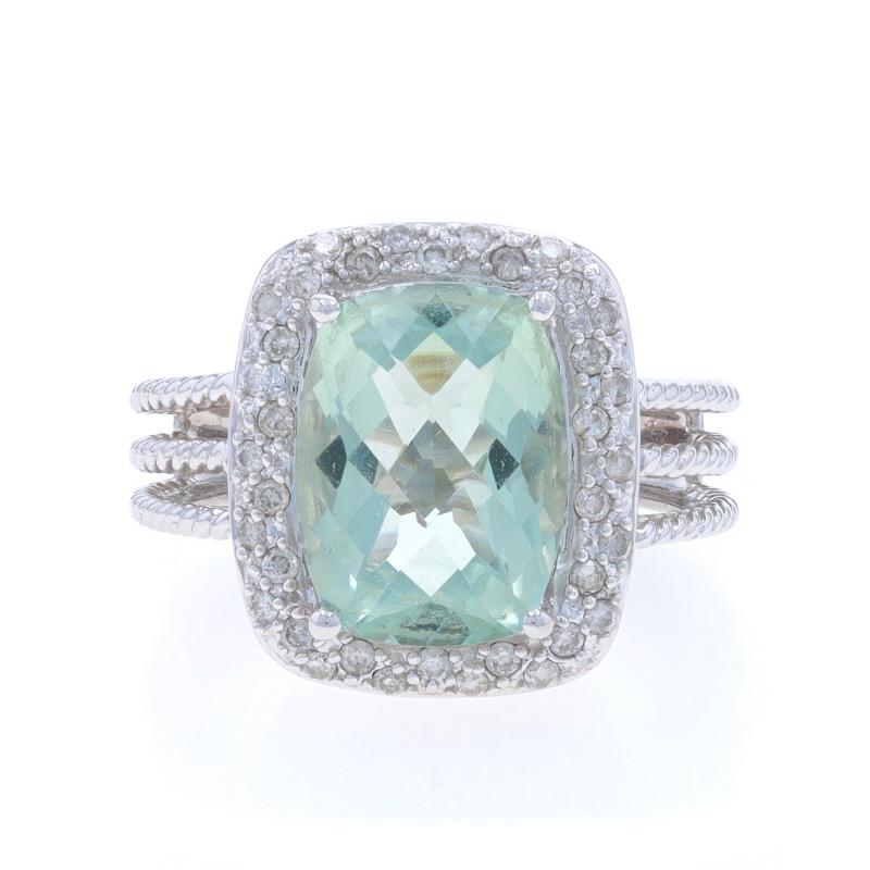 Size: 6
Sizing Fee: Up 2 sizes for $50 or Down 2 sizes for $50

Metal Content: 14k White Gold

Stone Information

Natural Green Amethyst (Prasiolite)
Carat(s): 5.80ct
Cut: Rectangular cushion checkerboard cut

Natural Diamonds
Carat(s): .34ctw
Cut: