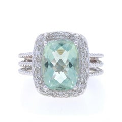 White Gold Prasiolite Diamond Cocktail Ring - 14k Cushion Checkerboard 6.14ctw