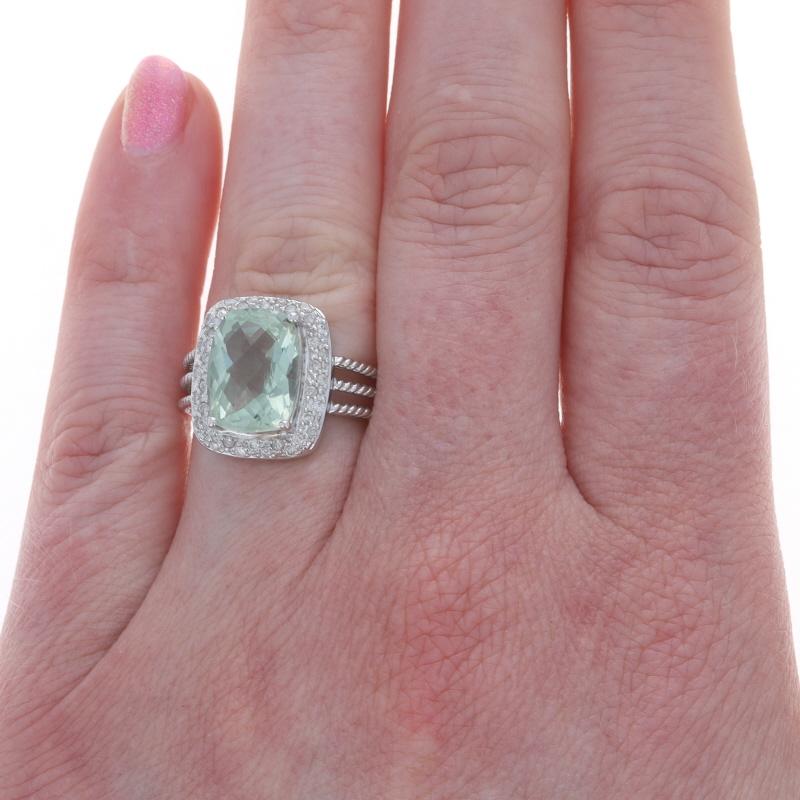 Cushion Cut White Gold Prasiolite Diamond Cocktail Ring - 14k Cushion Checkerboard 6.14ctw For Sale
