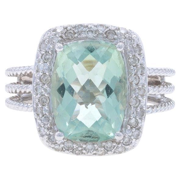 White Gold Prasiolite Diamond Cocktail Ring - 14k Cushion Checkerboard 6.14ctw For Sale