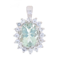 Pendentif Halo en or blanc Prasiolite et Quartz blanc - 14k Oval 2.83ctw Floral