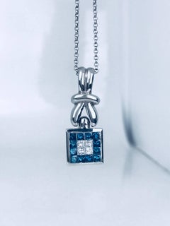White Gold Princess-Cut, 1.50 Carat Blue and White Diamond Invisible Pendant