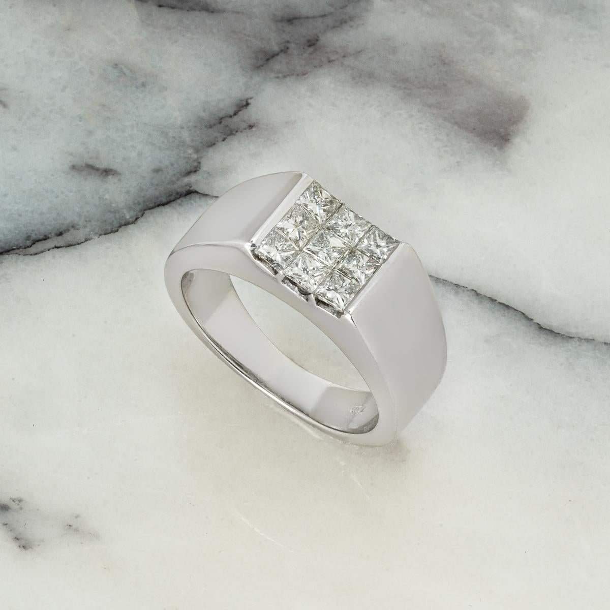 White Gold Princess Cut Diamond Signet Ring For Sale 3