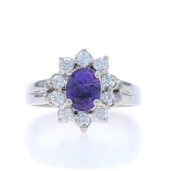White Gold Purple Sapphire Diamond Halo Ring - 14k Oval 2.09ctw Flower Cathedral