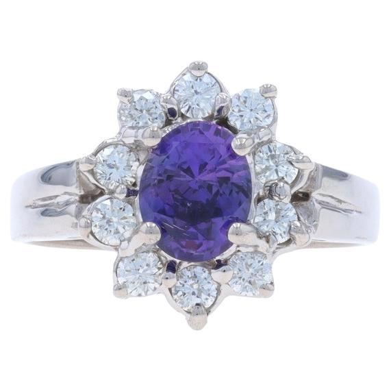 White Gold Purple Sapphire Diamond Halo Ring - 14k Oval 2.09ctw Flower Cathedral