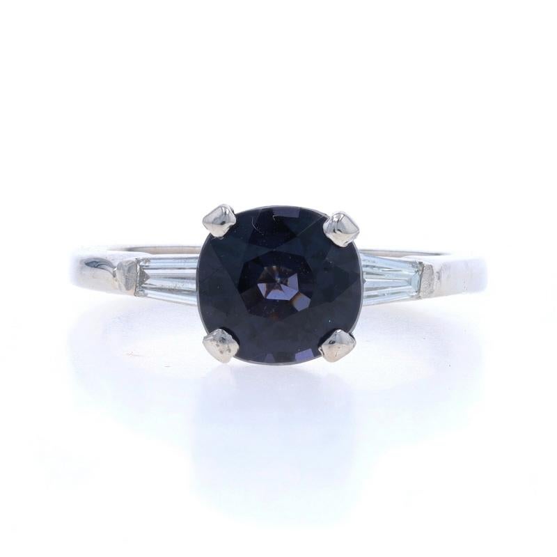 Size: 5 1/2
Sizing Fee: Up 1/2 a size for $35 or Down 1 size for $35

Metal Content: 14k White Gold & Platinum

Metal Note: (14k white gold shank & platinum top)

Stone Information

Natural Spinel
Carat(s): 1.84ct (weighed)
Cut: Cushion
Color: