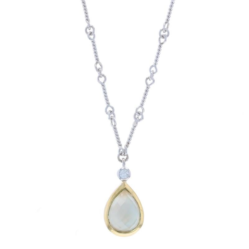 Contenu en métal : Or blanc 14k et or jaune 14k

Informations sur les pierres

Quartz naturel sur nacre
Taille : Cabochon poire en damier

Diamant naturel
Carat(s) : .03ct
Coupe : Brillant rond
Couleur : H
Clarté : VS2

Style de chaîne : Longue et