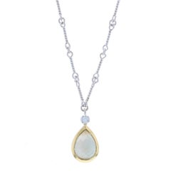 White Gold Quartz over Mother of Pearl & Diamond Necklace 16" - 14k Pear Cab