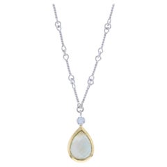 White Gold Quartz over Mother of Pearl & Diamond Necklace 16" - 14k Pear Cab