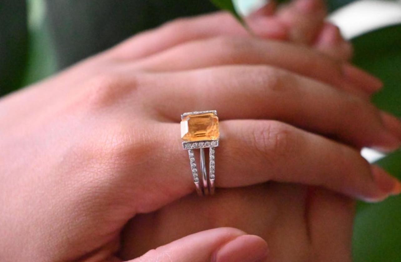 Emerald Cut White Gold Ring Adorned with a 3.800 Carat Citrine and 0.420 Carat Diamonds For Sale