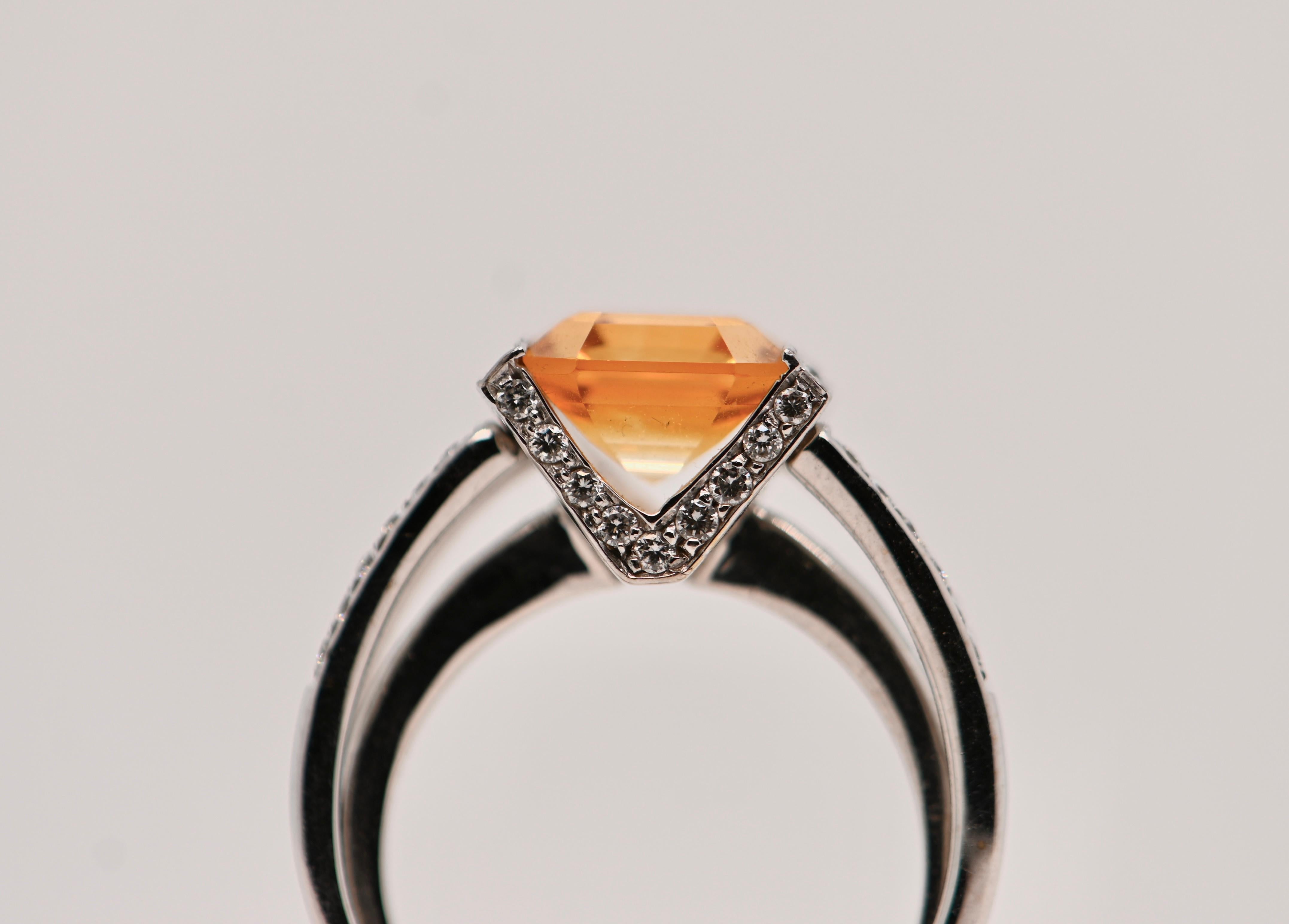 Women's White Gold Ring Adorned with a 3.800 Carat Citrine and 0.420 Carat Diamonds For Sale