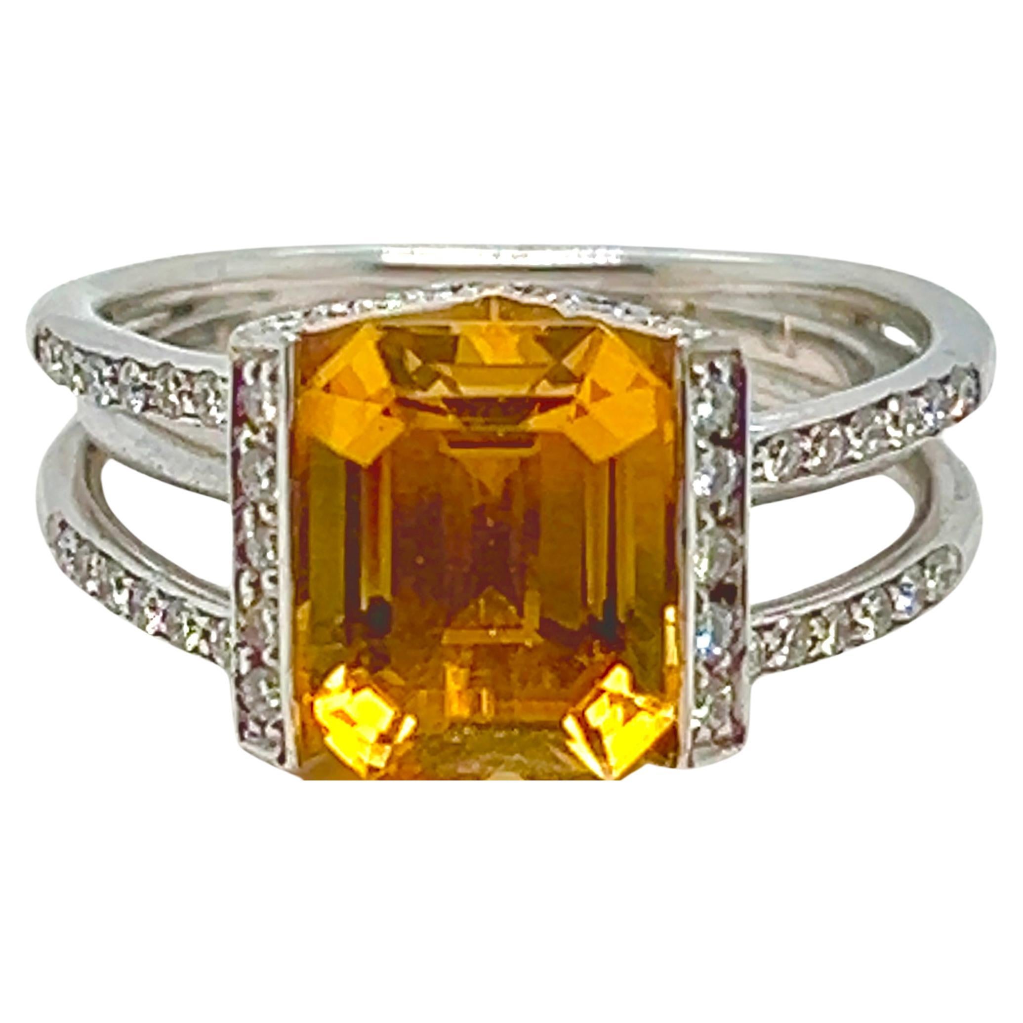 White Gold Ring Adorned with a 3.800 Carat Citrine and 0.420 Carat Diamonds For Sale