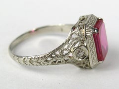 White Gold Ring Dark Pink Sapphire Diamond Filigree Art Nouveau 1920's