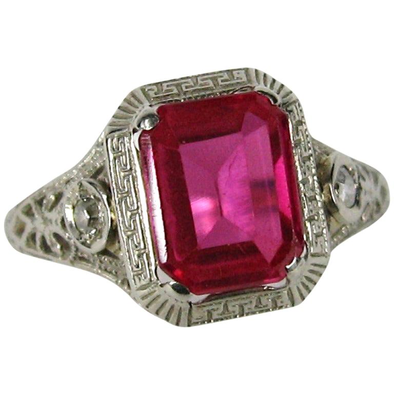 White Gold Ring Dark Pink Sapphire Diamond Filigree Art Nouveau 1920's 