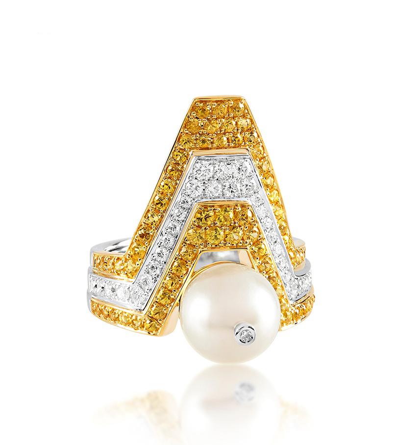 Modern Ananya White Gold Ring Set with a Pearl, Yellow Sapphires and Diamonds For Sale