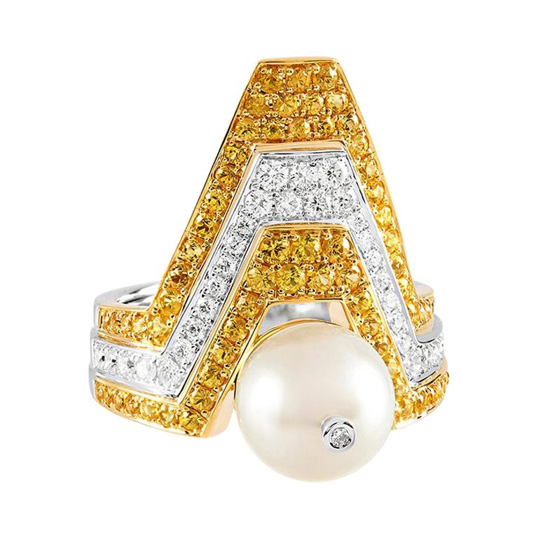 Ananya White Gold Ring Set with a Pearl, Yellow Sapphires and Diamonds For Sale