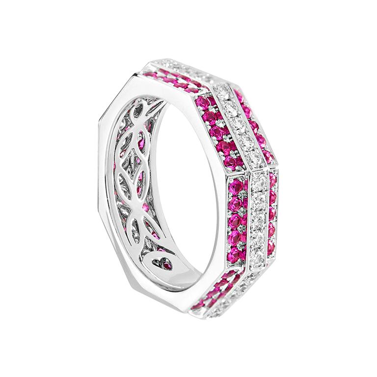 Ananya White Gold Ring Set with Pink Sapphires and Diamonds For Sale
