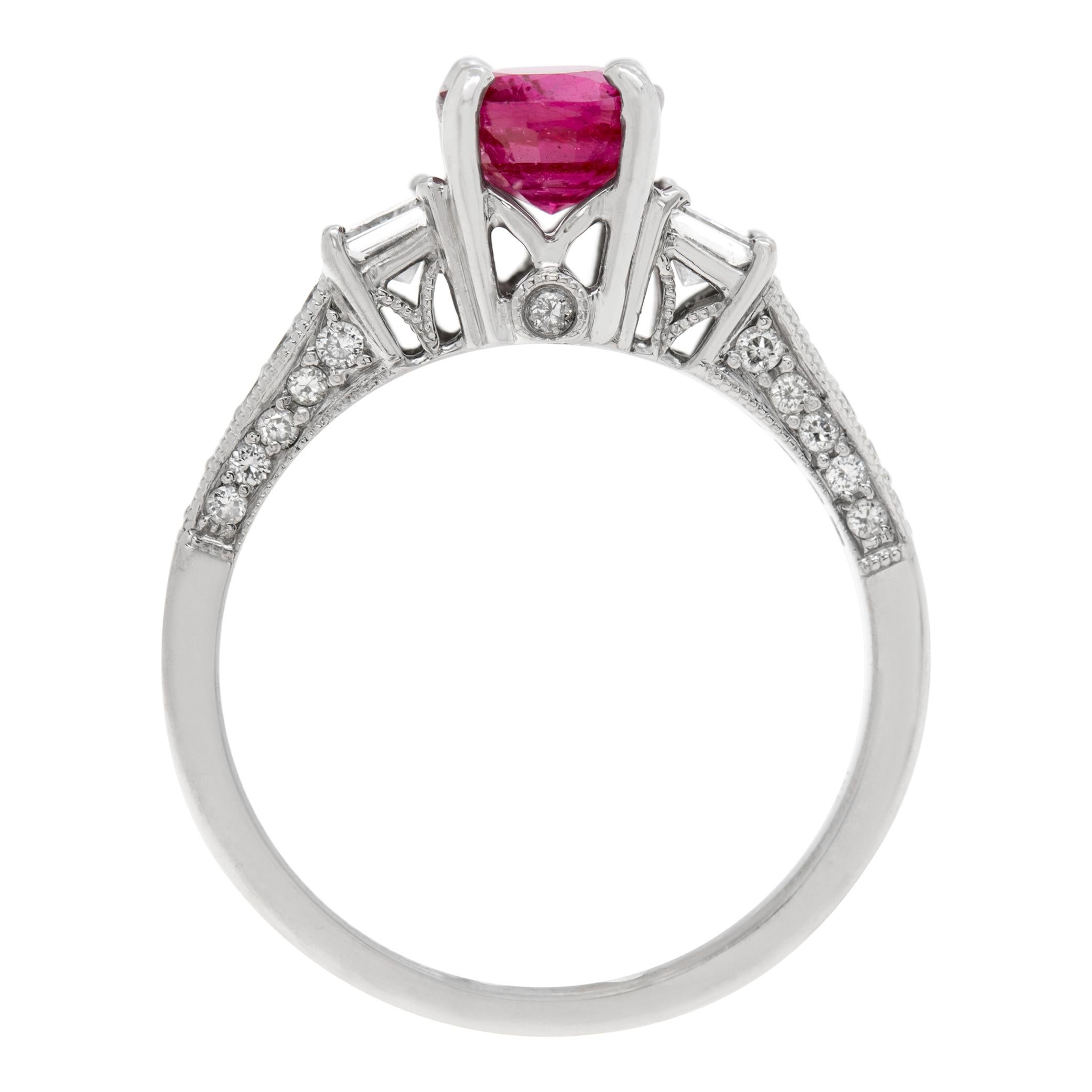 Women's or Men's White gold ring w/ approx 0.80 ct princess cut ruby w/ approx 0.30 ct of diamond For Sale