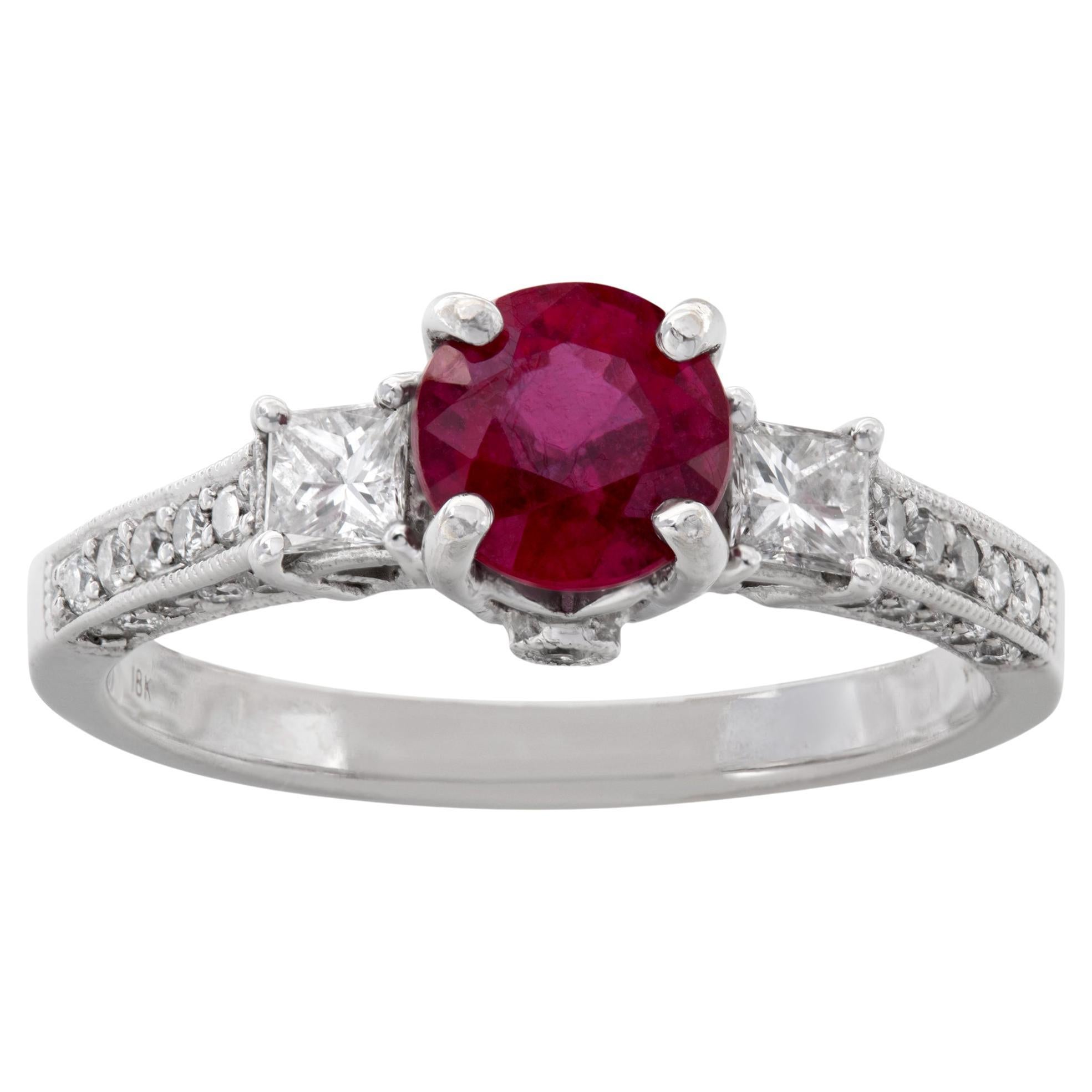 White gold ring w/ approx 0.80 ct princess cut ruby w/ approx 0.30 ct of diamond For Sale